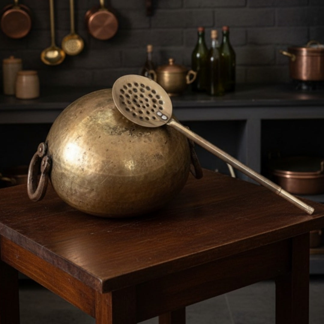 1978 Antique Brass Kadai With Ladle | Pital Traditional Cooking Utensil