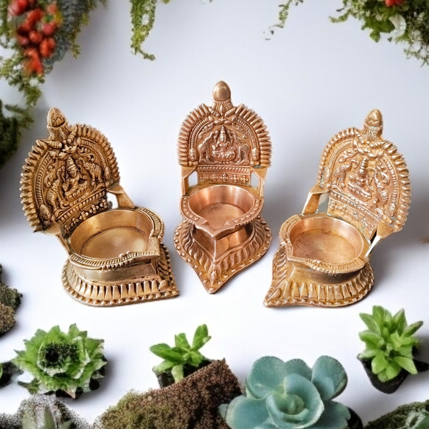 Antique Brass Diya Set | Traditional Asht Diya Samai | Pital Oil Lamp Set of 3
