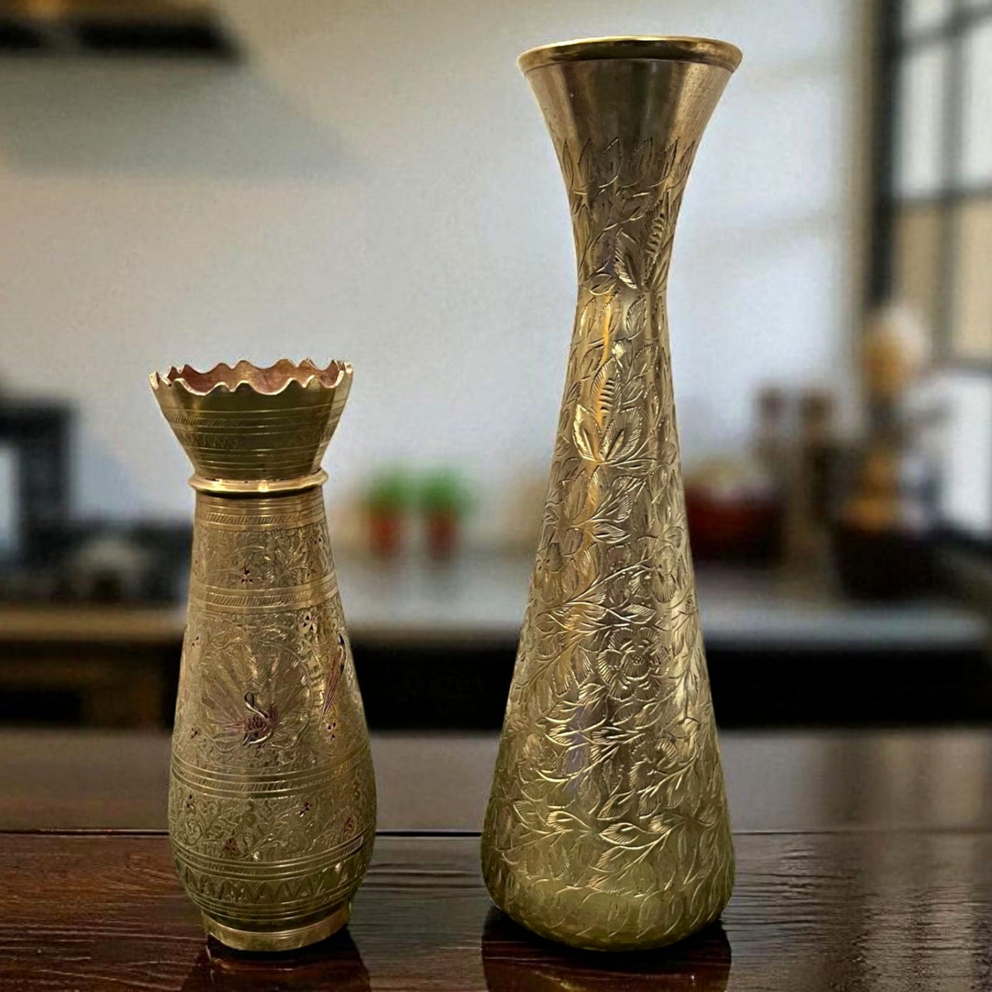 Antique Brass Vase in Pair | Pital Traditional Engraved Decor