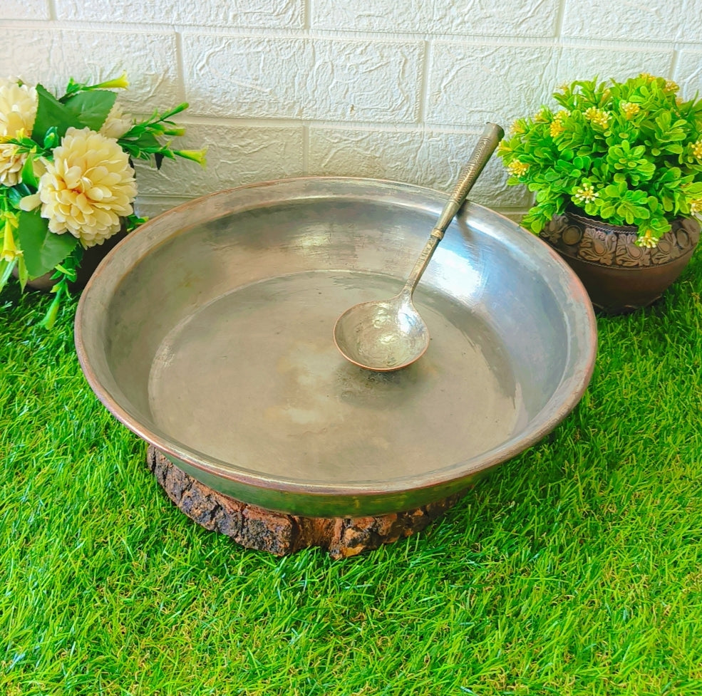 Antique Brass Rare Cooking Bowl | Taman with Ladle | Unique Deg with Spatula | Kitchen Utensil