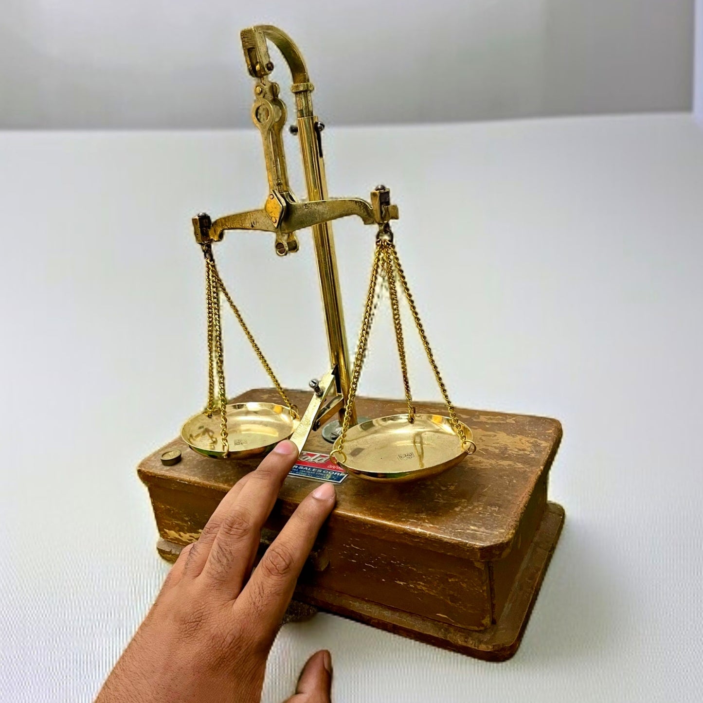 Antique Brass Weighing Scale with Wooden Base | Collector's Piece | Traditional Utility