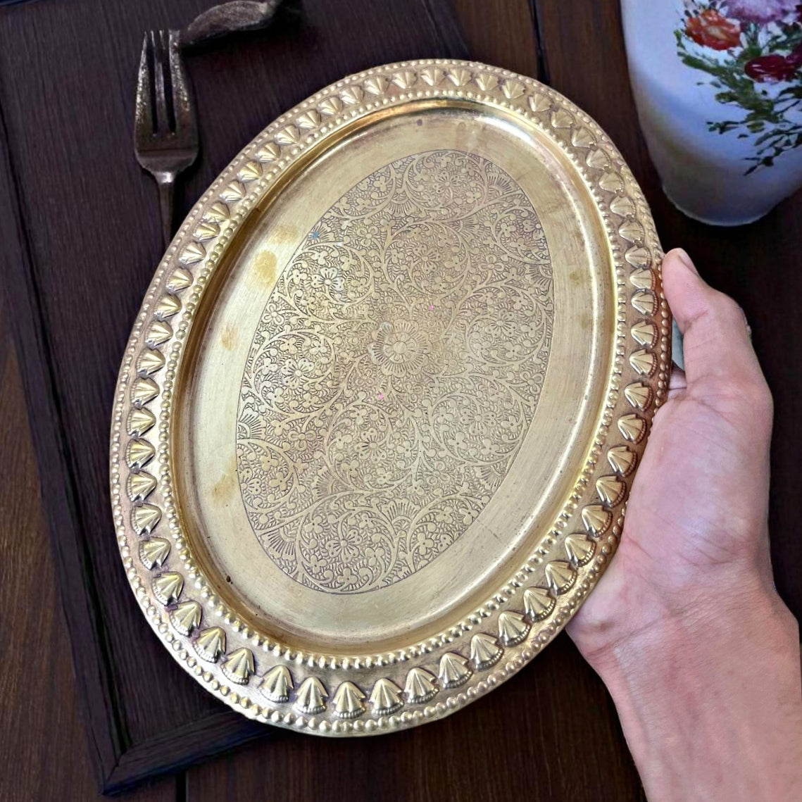 Antique Brass Mugs and Spoon Set with Tray | Traditional Serveware Collection