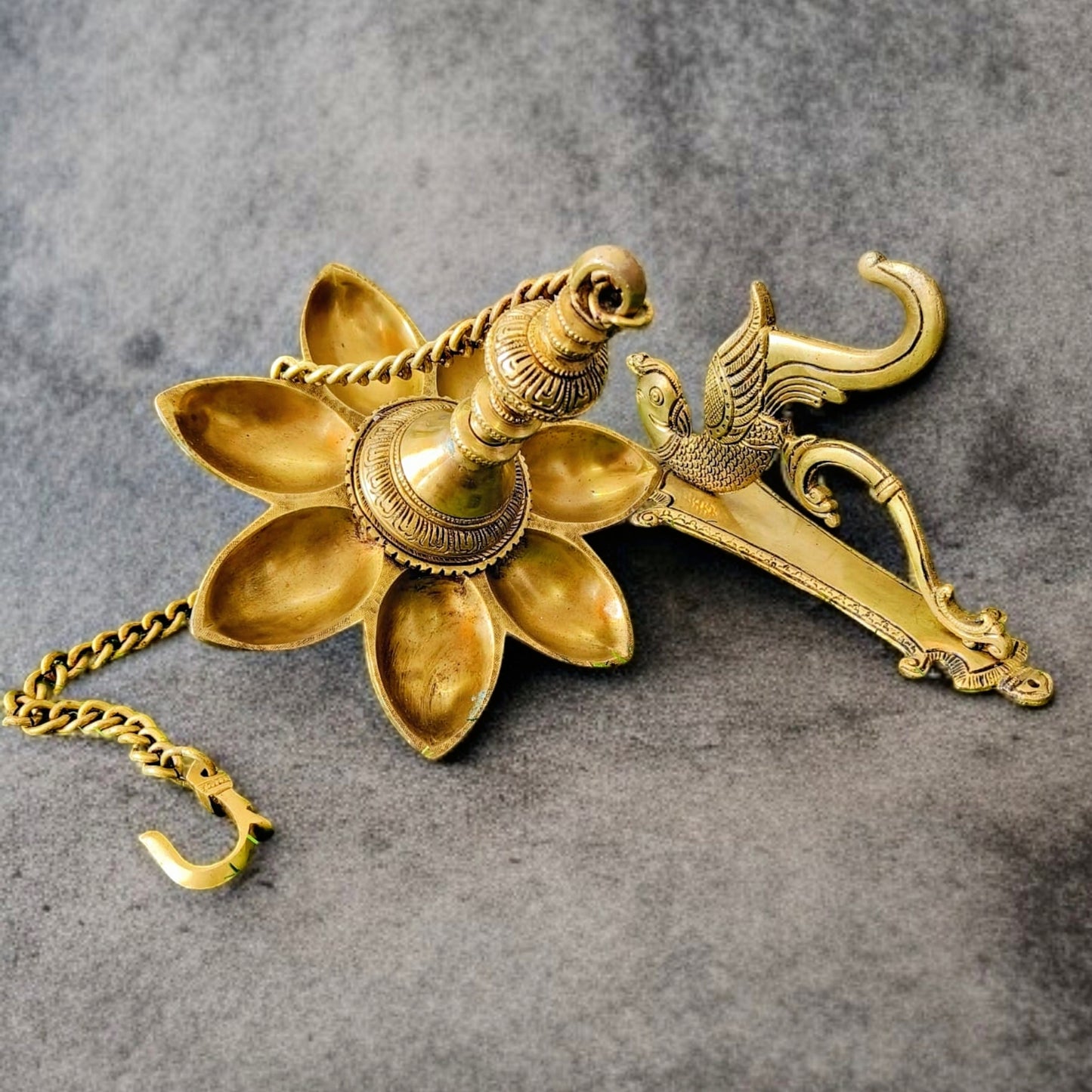 Antique Brass Hanging Diya | Pital Lamandiva | Traditional Lamp with Parrot Wall Mount Hook