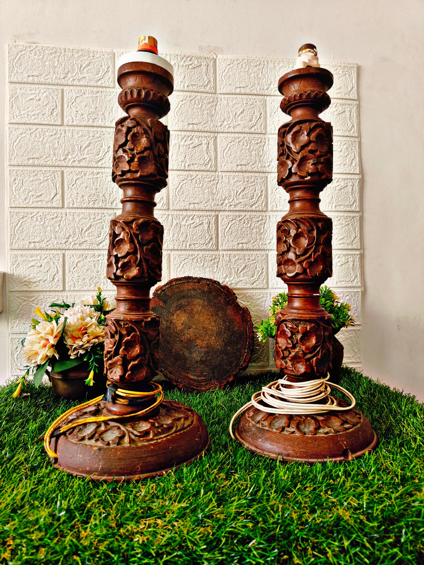 Antique 20 inches Handcrafted Wooden Lamps Pair - Kashmiri Walnut Wood - Bombay Antiques