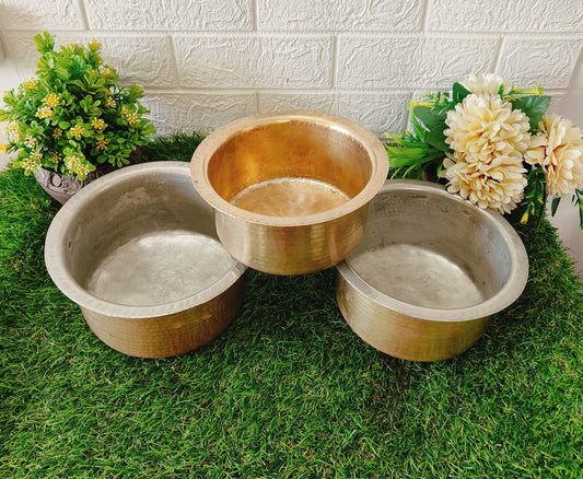 Antique Brass Tapeli Set of 3 | Pital Bhagona | Traditional Heavy Gauge Kitchen Utensil