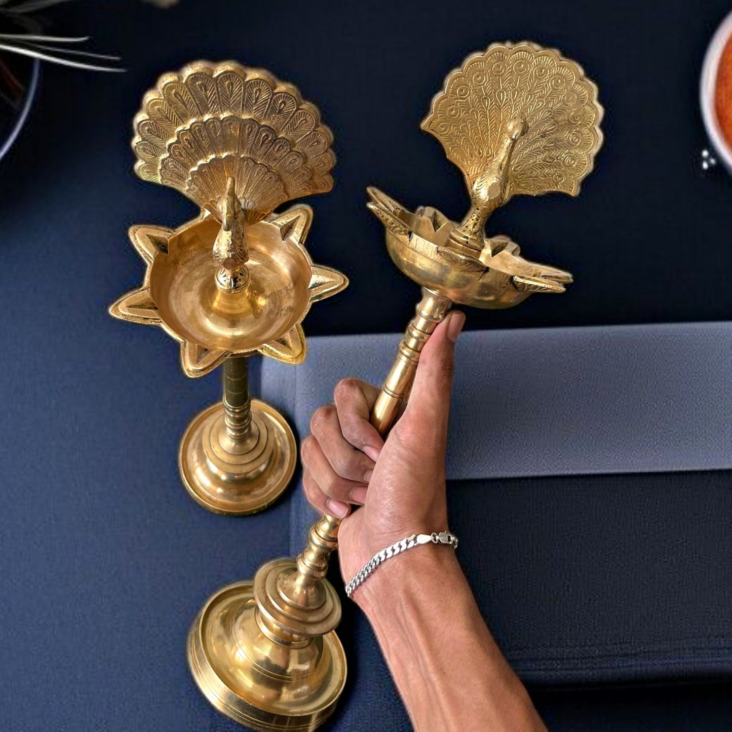 Antique Brass Peacock Shape Samay | Traditional Deepam Pair