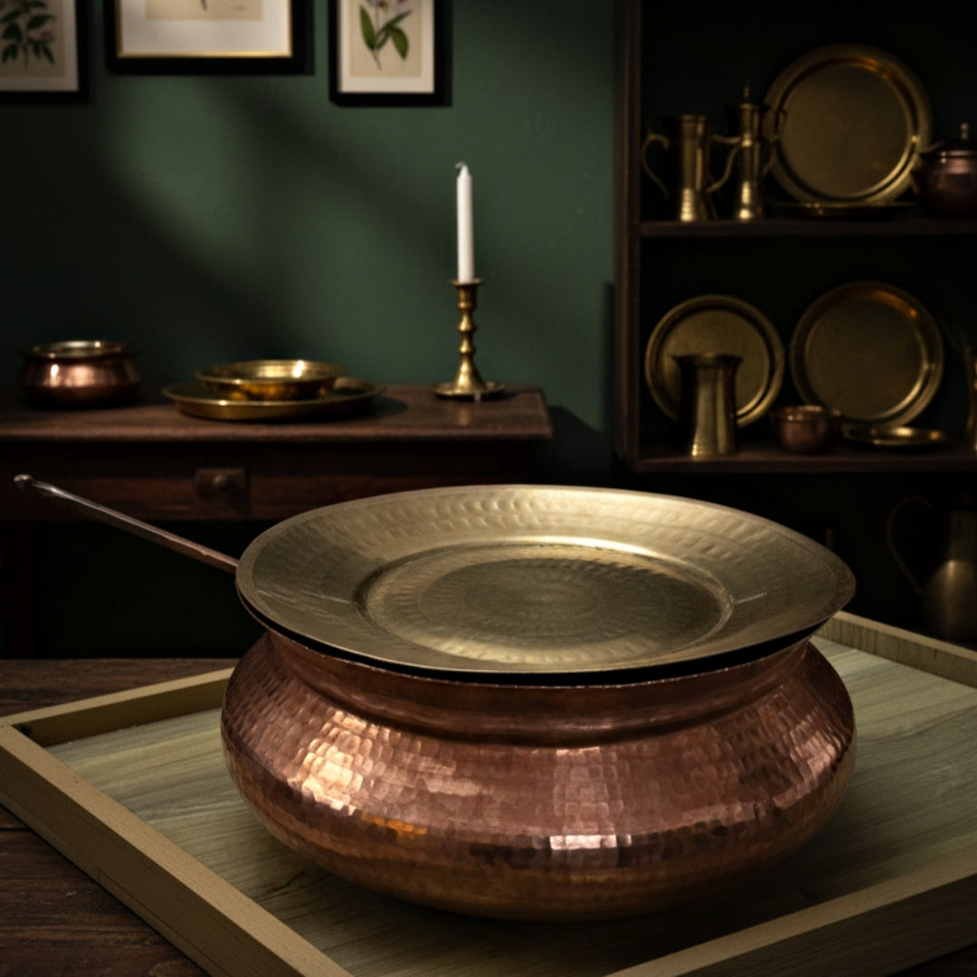 Antique Copper Deg with Ladle & Brass Lid | Traditional Cooking & Decor Set