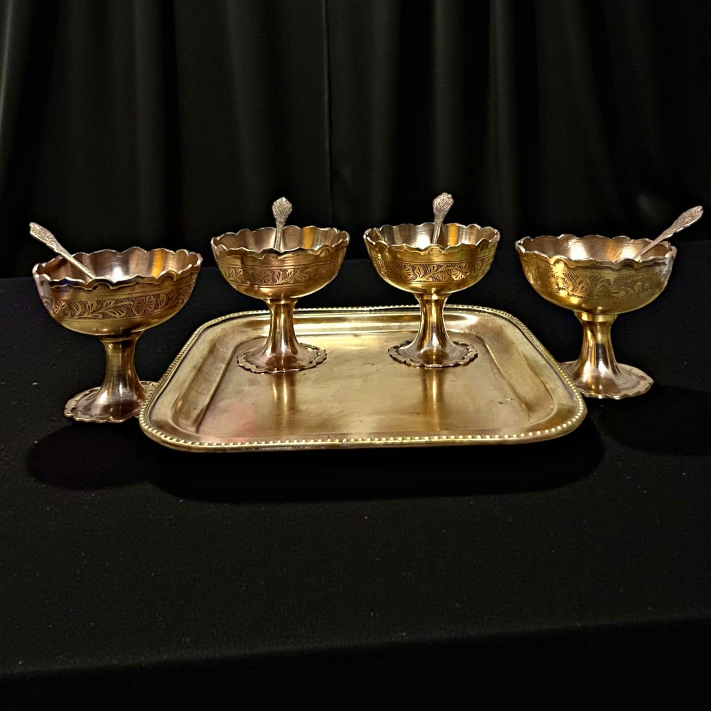 Antique Brass Dessert Set | Traditional Serving Set with Tray & Spoon