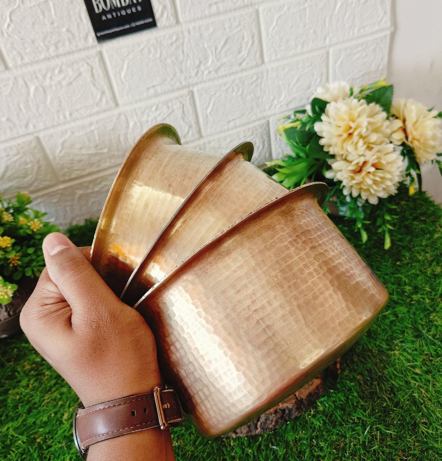 Antique Brass Tapeli Set of 3 | Pital Bhagona | Traditional Heavy Gauge Kitchen Utensil