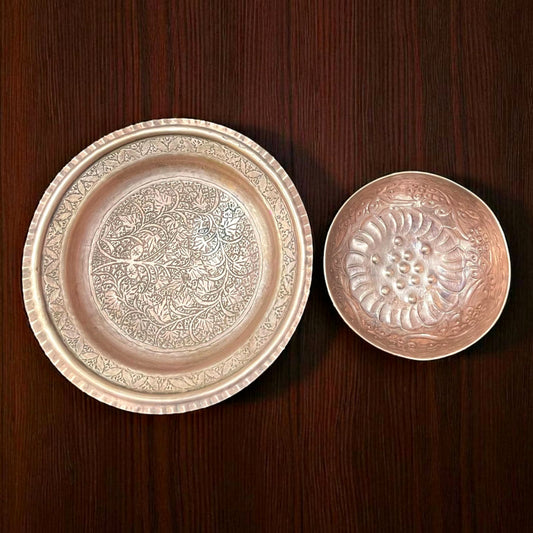 Antique Copper Engraved Bowl & Plate | Traditional Serving Rare Pair