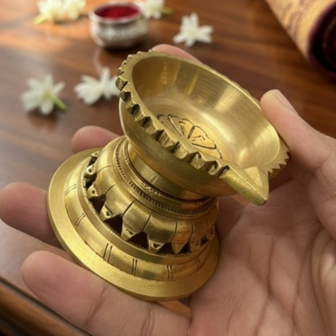 1977 Antique Brass Small Diya and Singasan | Compact Brass Decor Accents