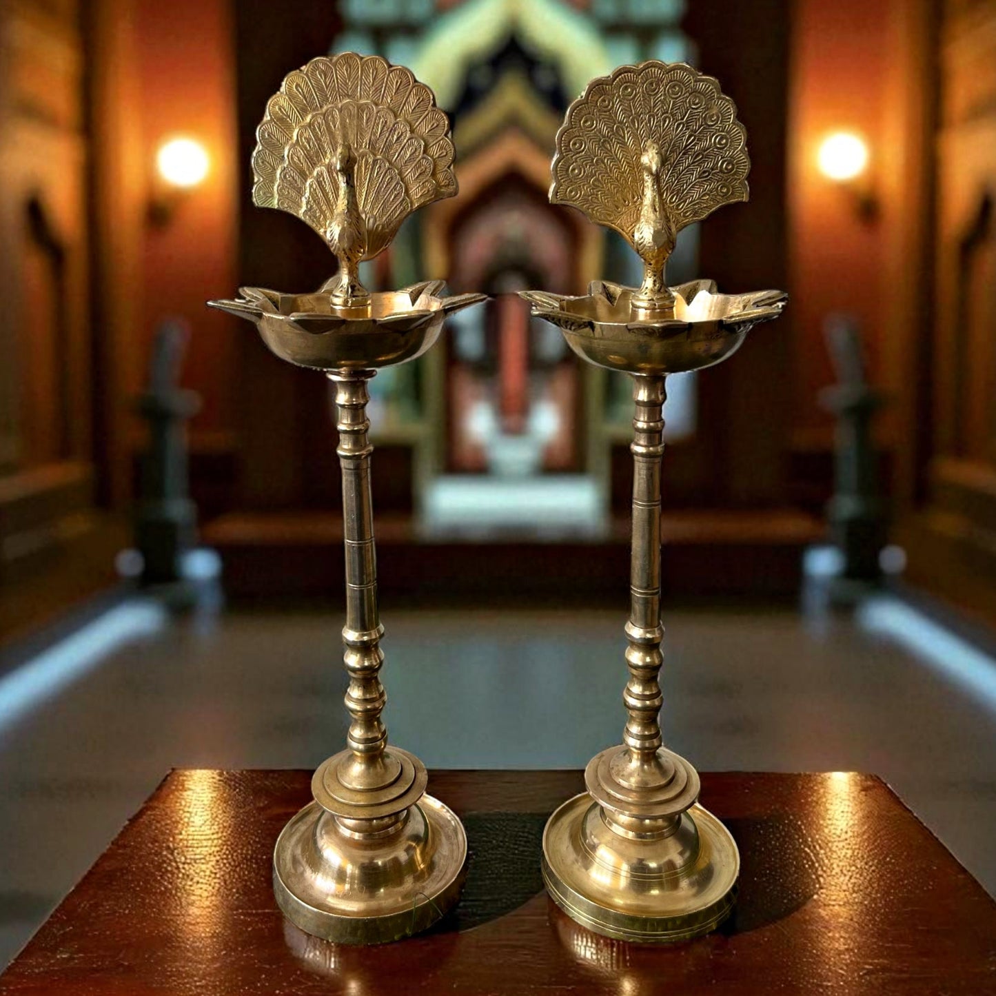 Antique Brass Peacock Shape Samay | Traditional Deepam Pair
