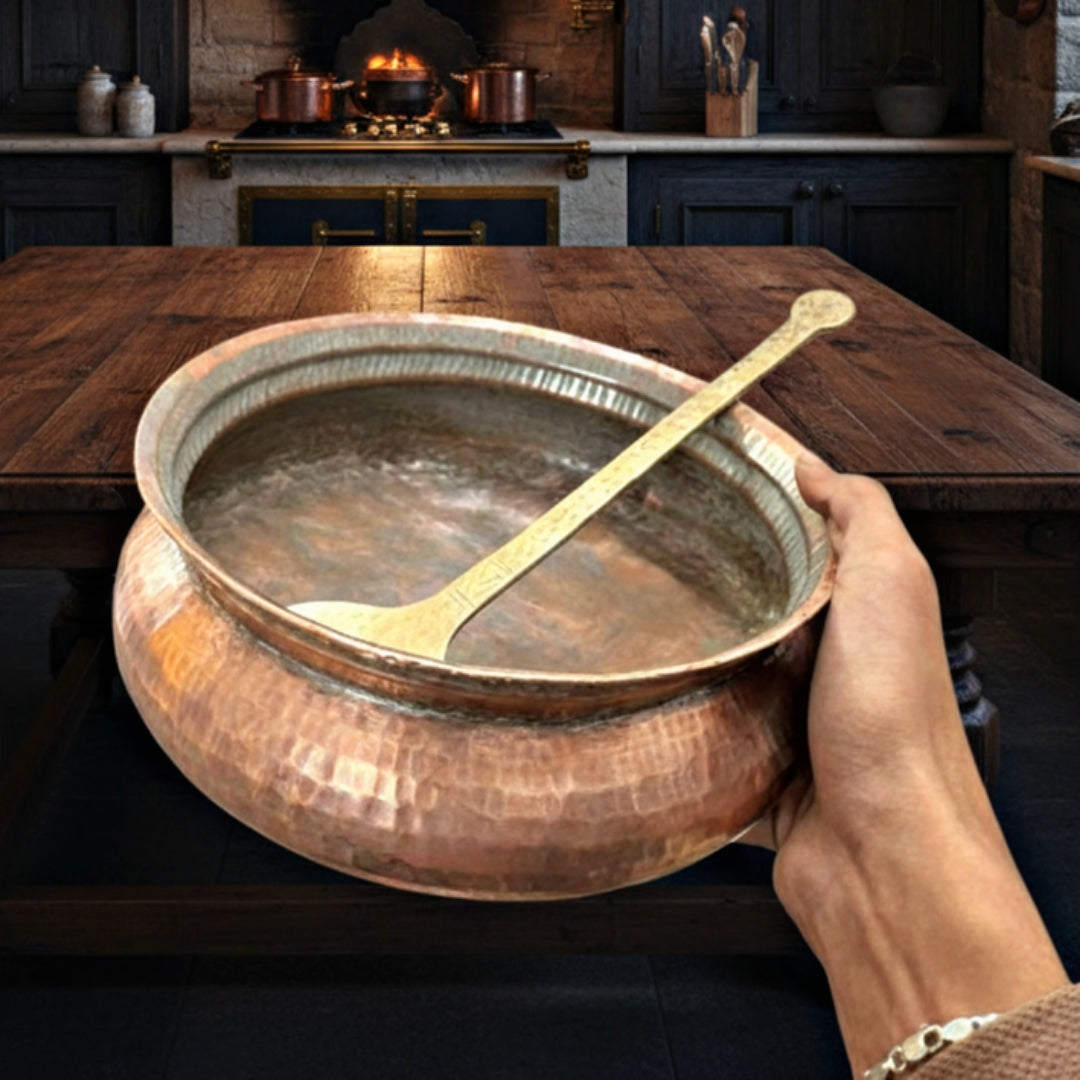 1967 Antique Copper Deg with Lid and Brass Ladle | Traditional Kitchen & Cooking Set