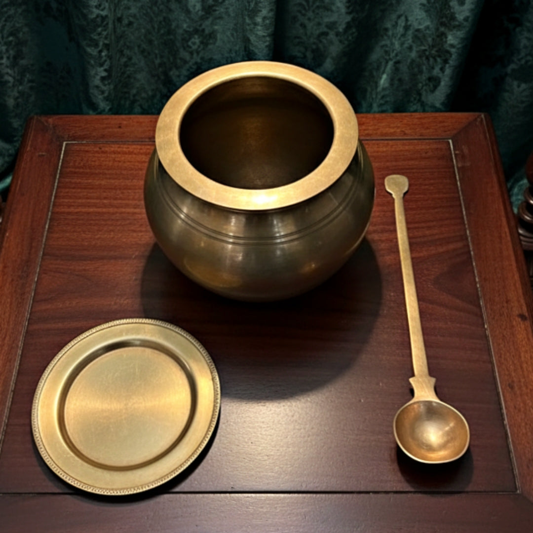 1978 Antique Bronze Cooking Bowl with Ladle, Lid & Stand | Traditional Kitchen & Dining Utensil