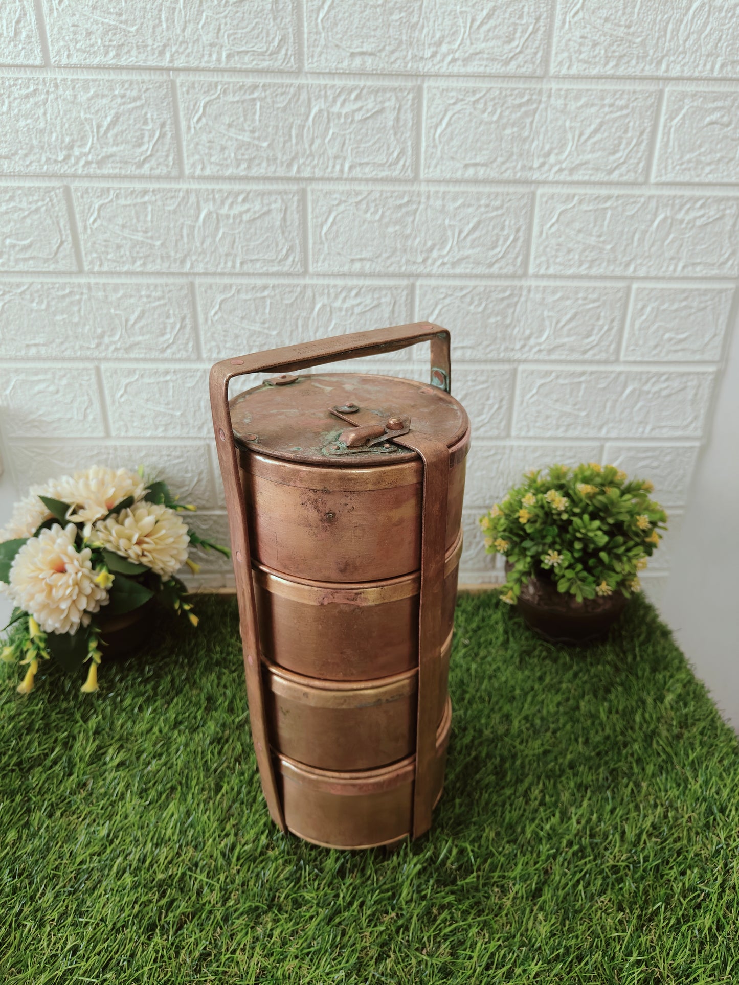 Antique Brass Tiffin with four Box - Bombay Antiques