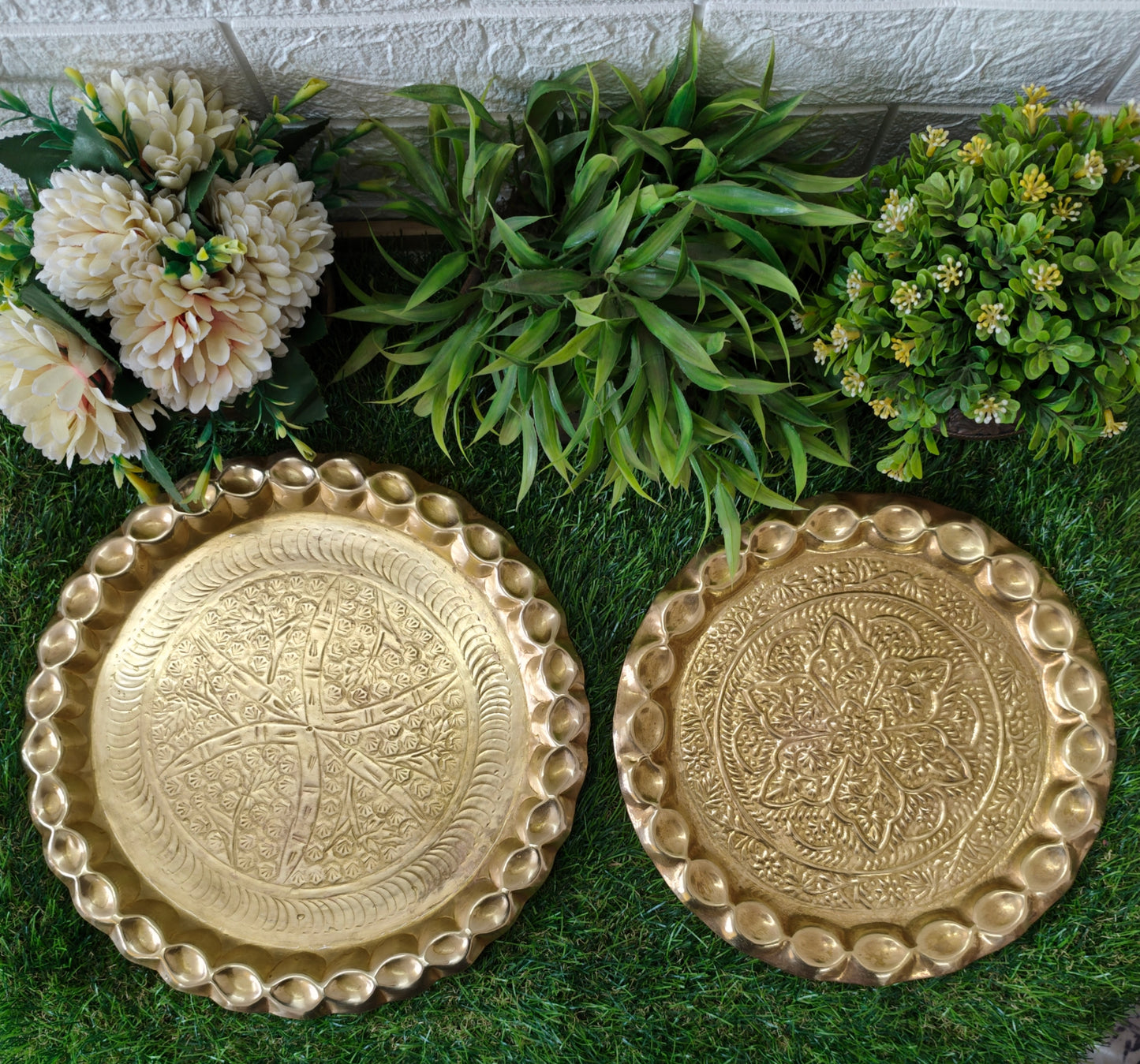 Antique Brass Engraved Plates with Unique borders in pair - Bombay Antiques