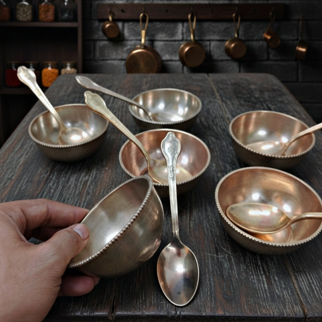 1995 Antique Brass Dessert Bowls with Ornated Borders | Traditional Serving Set