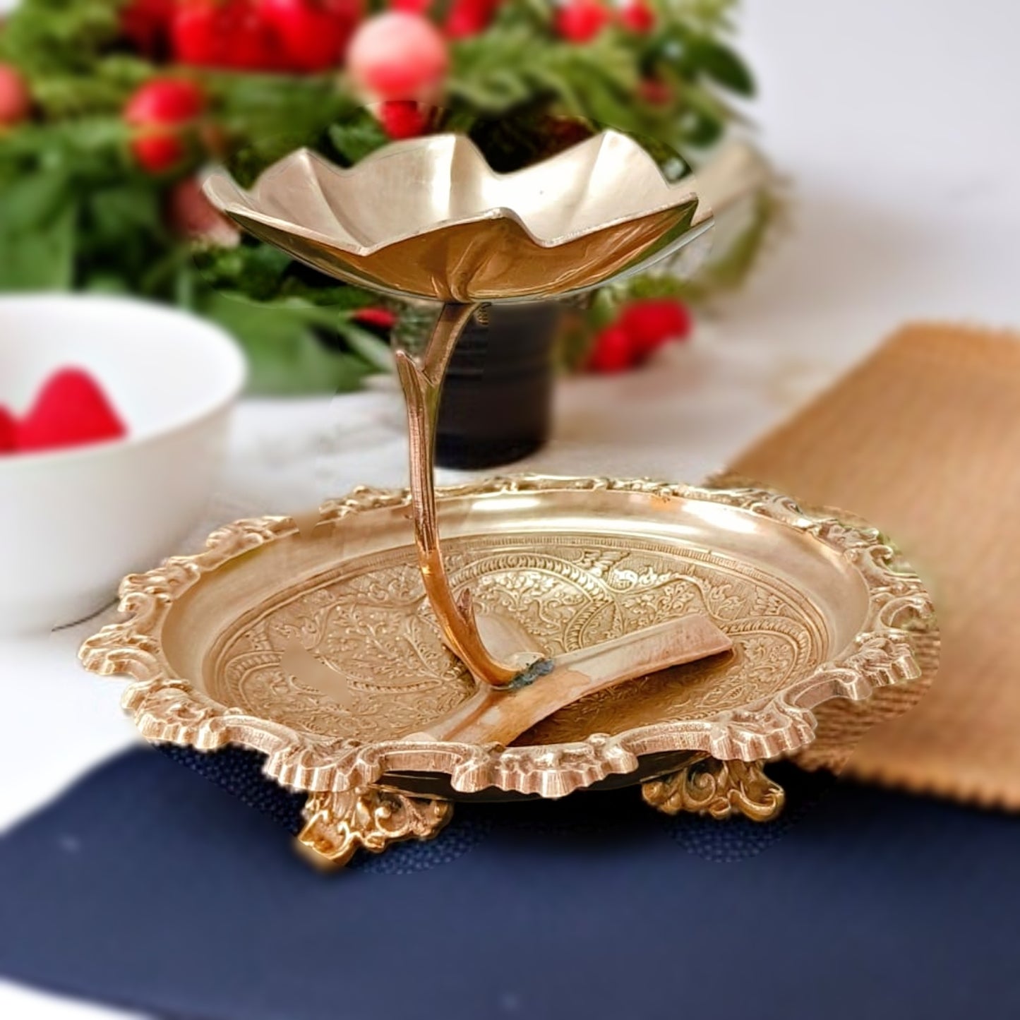 Antique Brass Serving Flower Engraved Design tray | Fruit Bowls in Pair