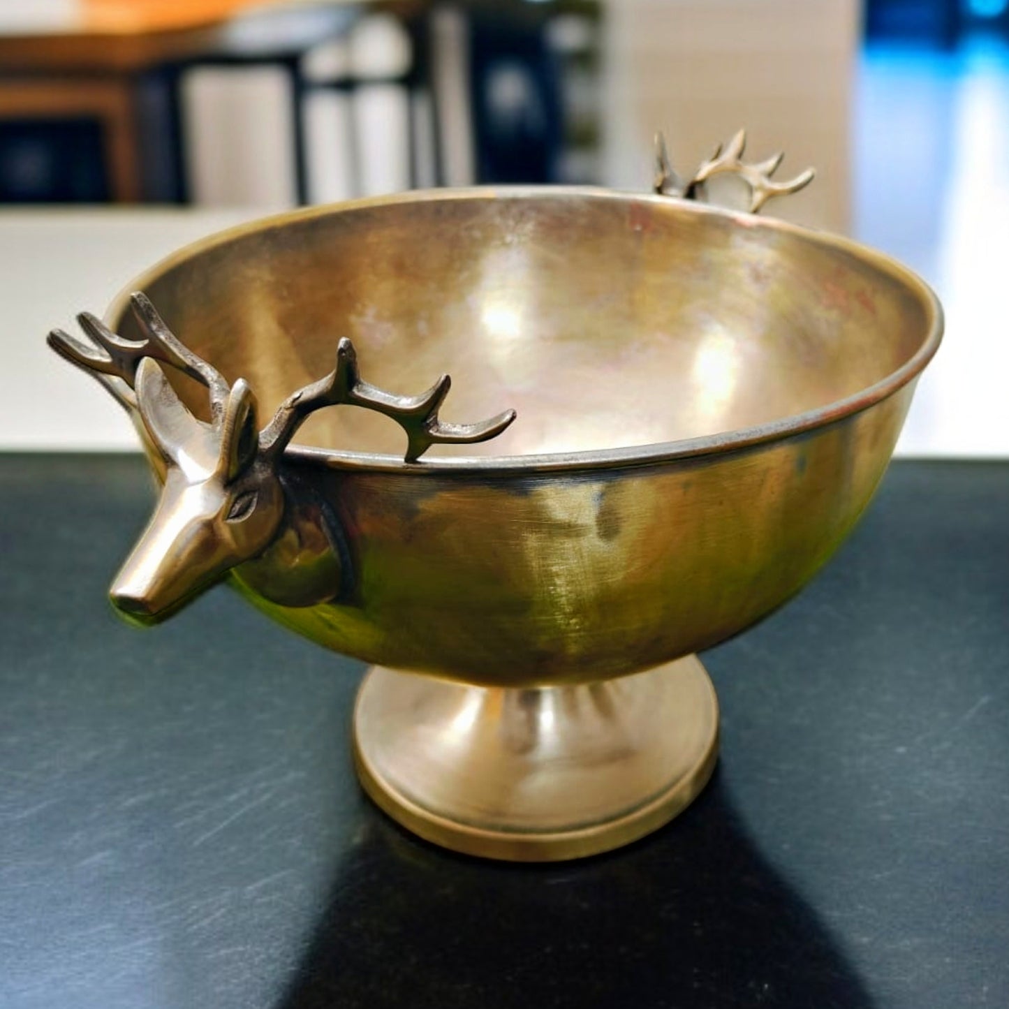 Antique Brass Serving Bowl with Deer Handle | Pital Bowl with Raindeer Handles