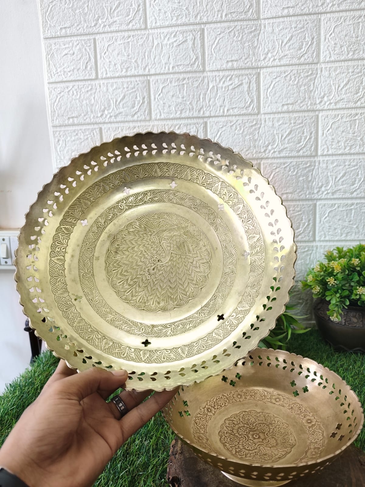 Antique Brass Serving Plates - Fruit Plates in Pair