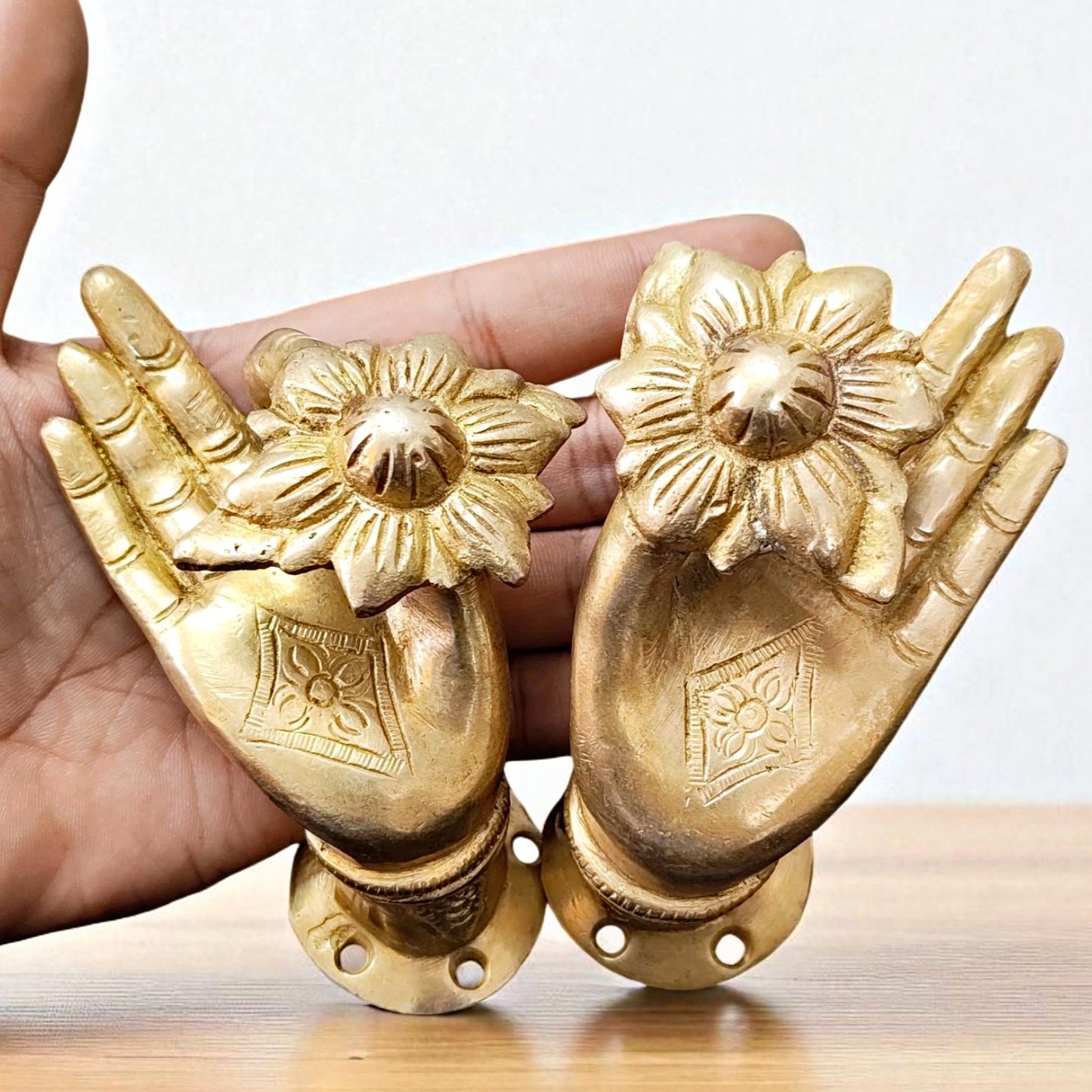 Antique Brass Hand Mudra Knobs Pair | Pital Traditional Door/Cabinet Handle Set