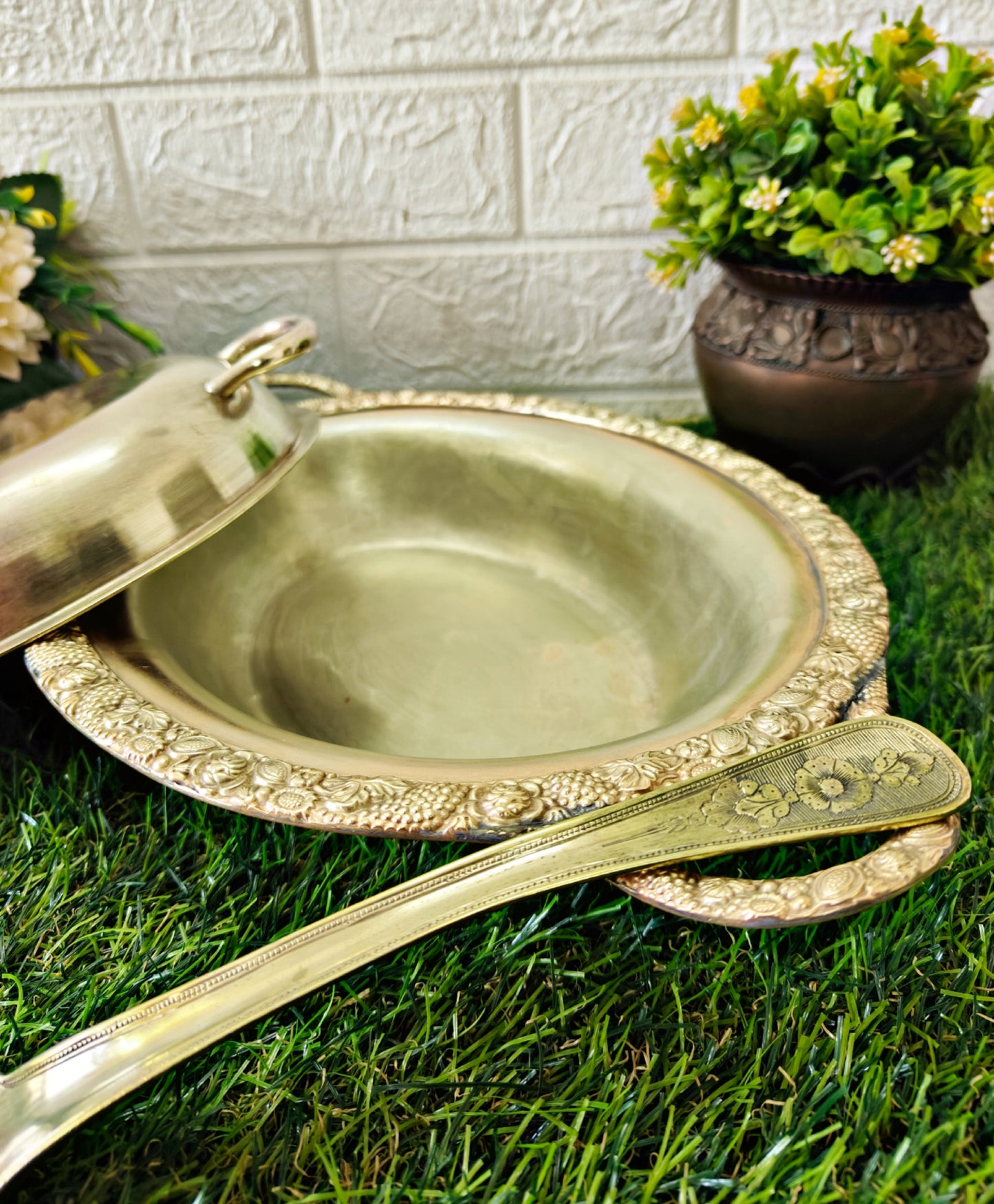 Antique Brass Engraved Dish with Lid & Spoons - Serving Items