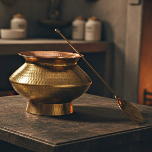 1976 Antique Brass Cooking Big Size Bowl with Spoon & Stand | Traditional Kitchen & Dining Utensil