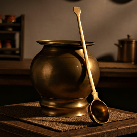 1978 Antique Bronze Cooking Bowl with Ladle, Lid & Stand | Traditional Kitchen & Dining Utensil