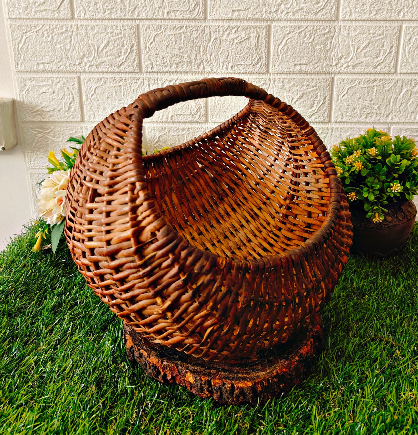 Antique Wooden Light Cane Big Basket - Bombay Antiques
