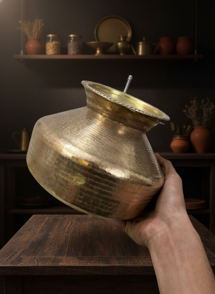 1972 Antique Brass Cooking Bowl with Lid and Ladle | Traditional Kitchen & Dining Set