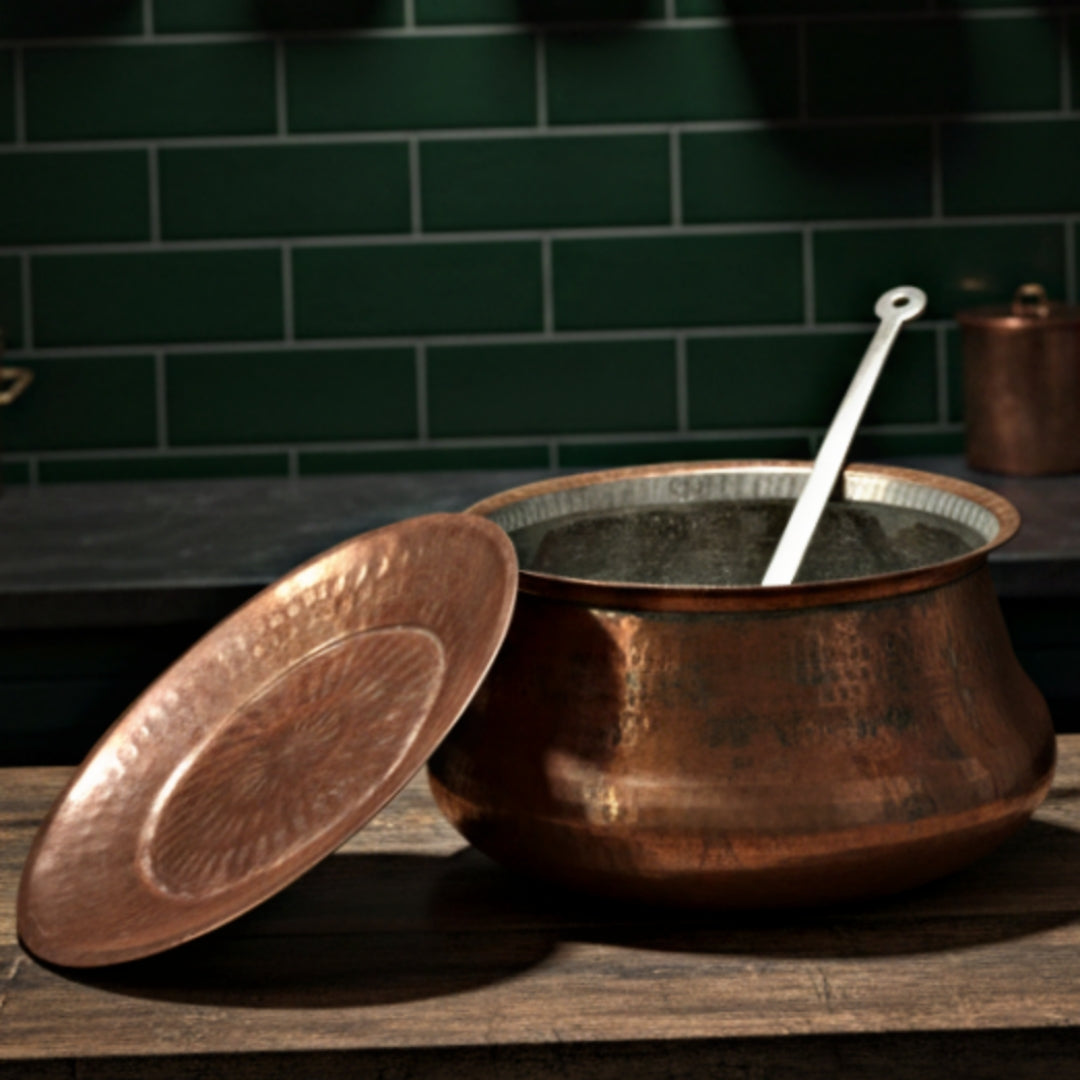 1953 Antique Copper Deg with Lid and Brass Silver-Coated Ladle | Traditional Kitchen & Cooking Set