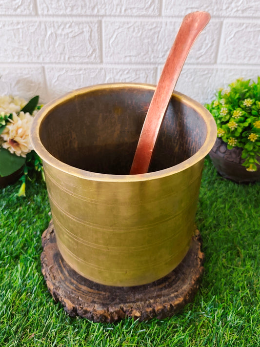 Antique Brass Long Shape Cooking Bowl | with Copper Ladle | Pital Bhagoni | Kitchen Utensil with Spatula - Bombay Antiques