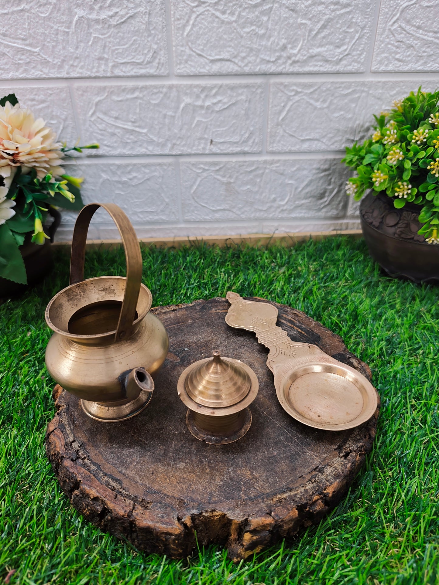 Antique Brass Small Kamandalam, Diya and Sindur Dabbi Small Set