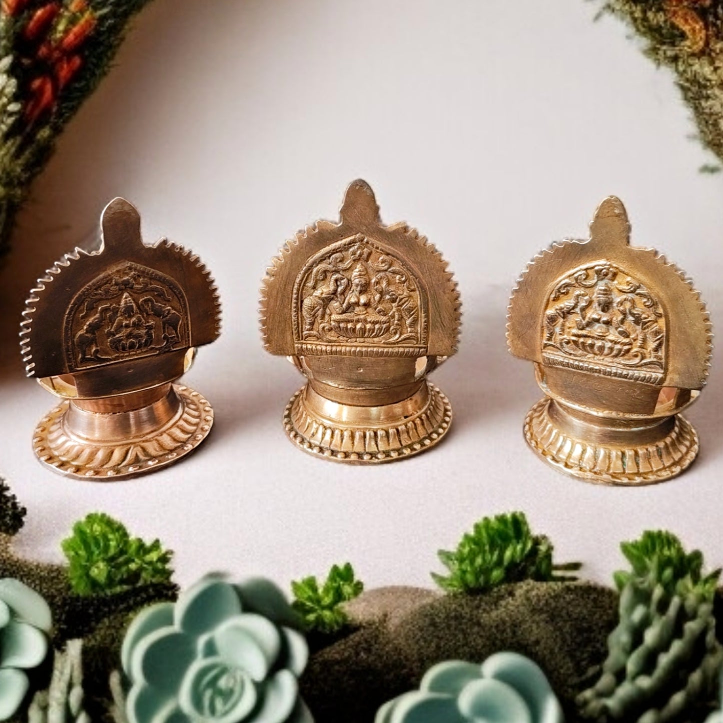 Antique Brass Diya Set | Traditional Asht Diya Samai | Pital Oil Lamp Set of 3