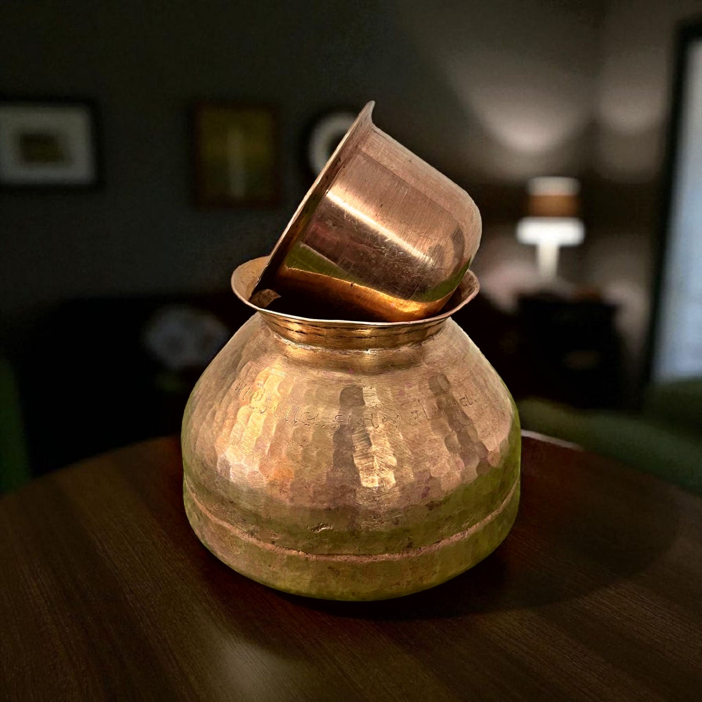 Antique Brass Kalash with Pyala | Traditional Pittal Lota with Glass | Fat Bottom Pot