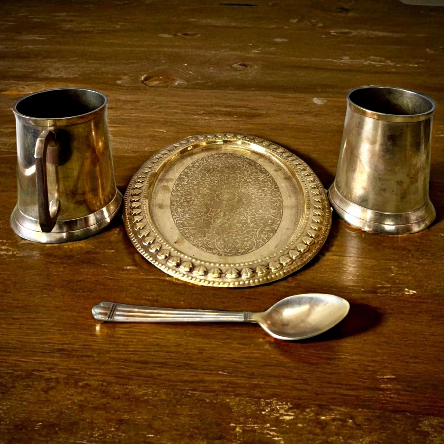 Antique Brass Mugs and Spoon Set with Tray | Traditional Serveware Collection
