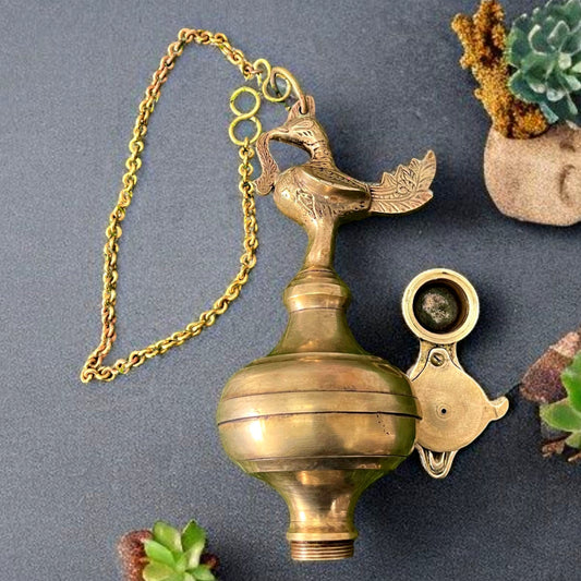 Antique Brass Peacock Lamandiva | Pital Hanging Oil Diya with Chain