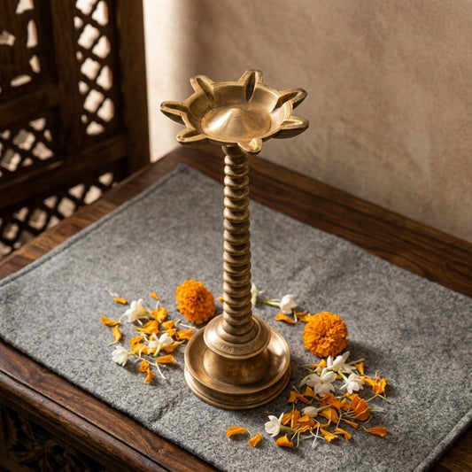 Antique Peetal Tall Standing Oil Lamp | Ribbed Brass Diya Stand | Made in 1983 - Bombay Antiques