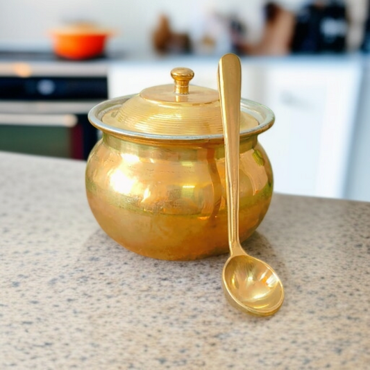 Vintage Brass Hammered Ghee Pot | with Spoon & Lid | Traditional Ghee Utensil | Kitchen Item