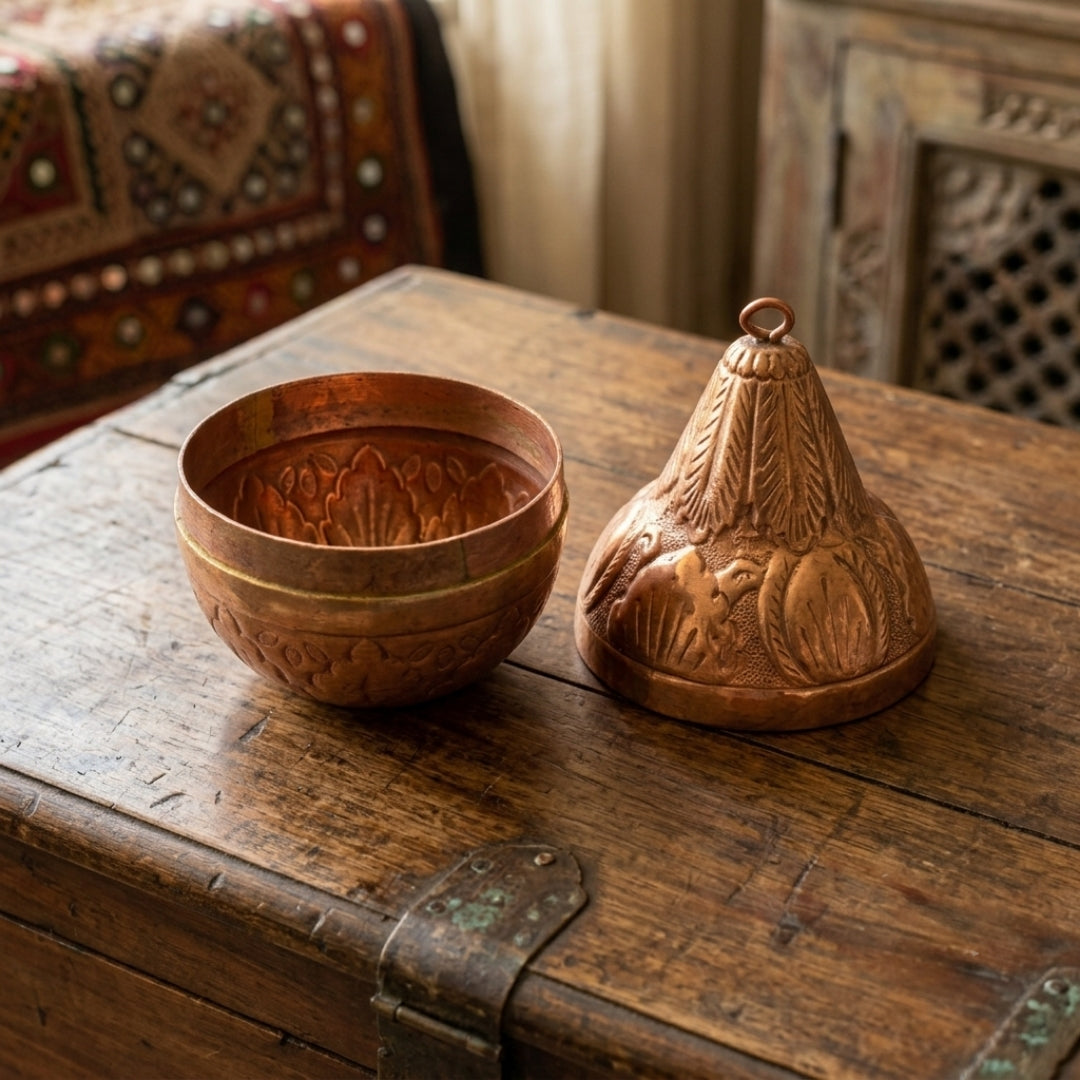 Antique Tamba Gourd-Shaped Lidded Container | Engraved Copper Spice Box | Made in 1970