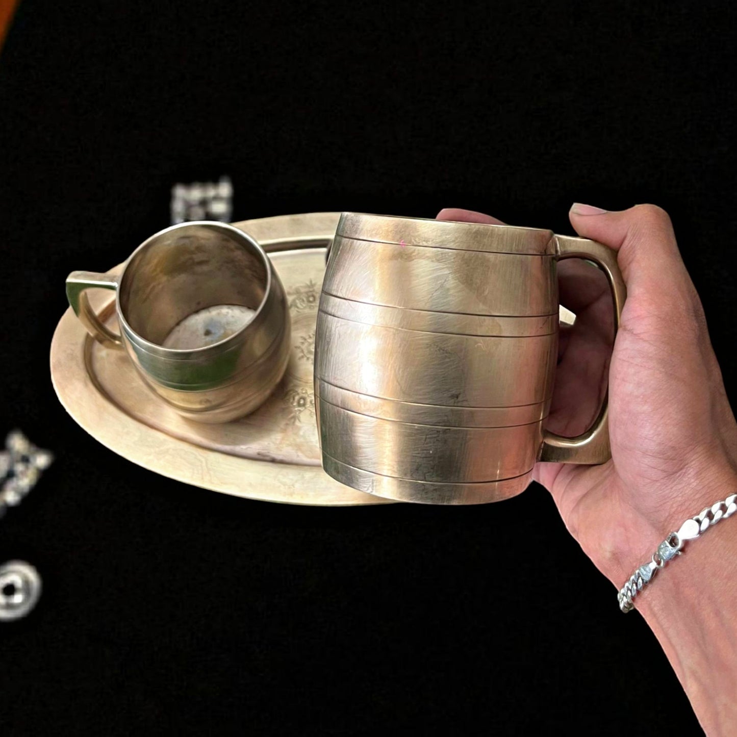 Antique Brass Beverage Set | Traditional Serving Mugs, Tray & Spoons