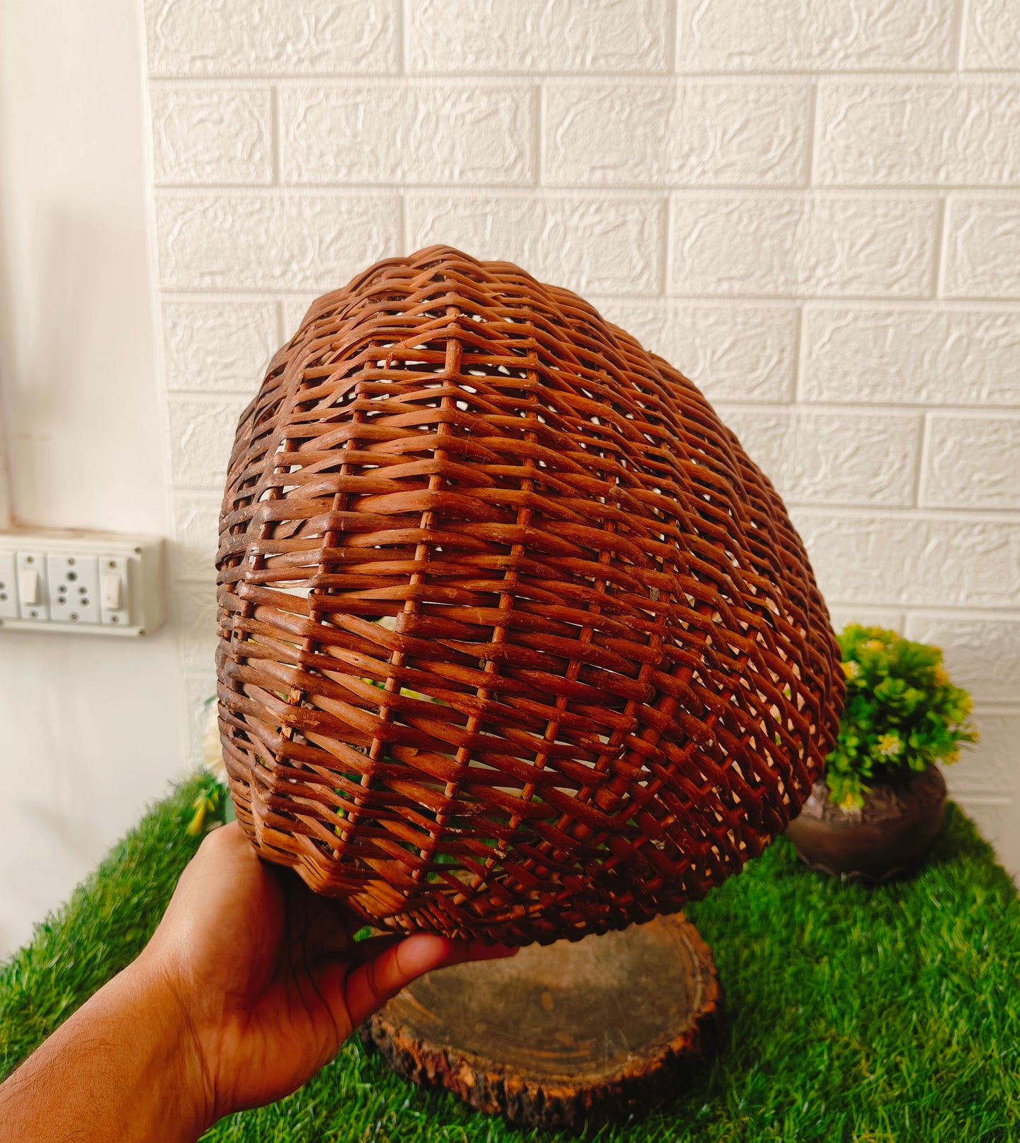 Antique Wooden Light Cane Big Basket - Bombay Antiques