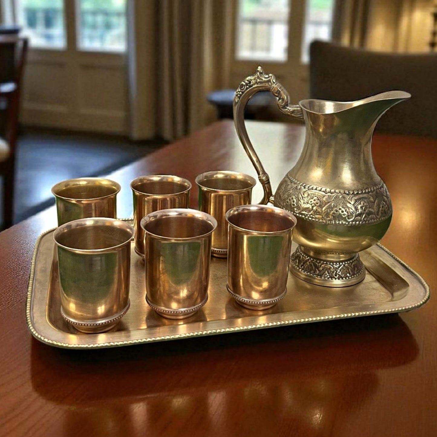 Antique Brass Refreshment Set | Traditional Jug, Glass & Tray
