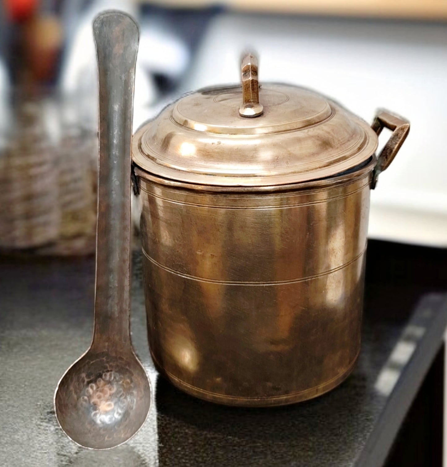 Antique Pital Cooking Bowl Set | Traditional Brass Lidded Patila with Laddle