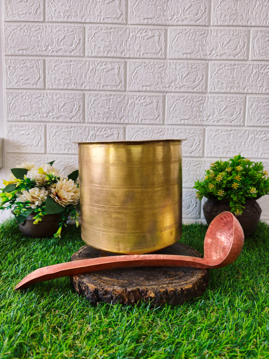 Antique Brass Long Shape Cooking Bowl | with Copper Ladle | Pital Bhagoni | Kitchen Utensil with Spatula - Bombay Antiques