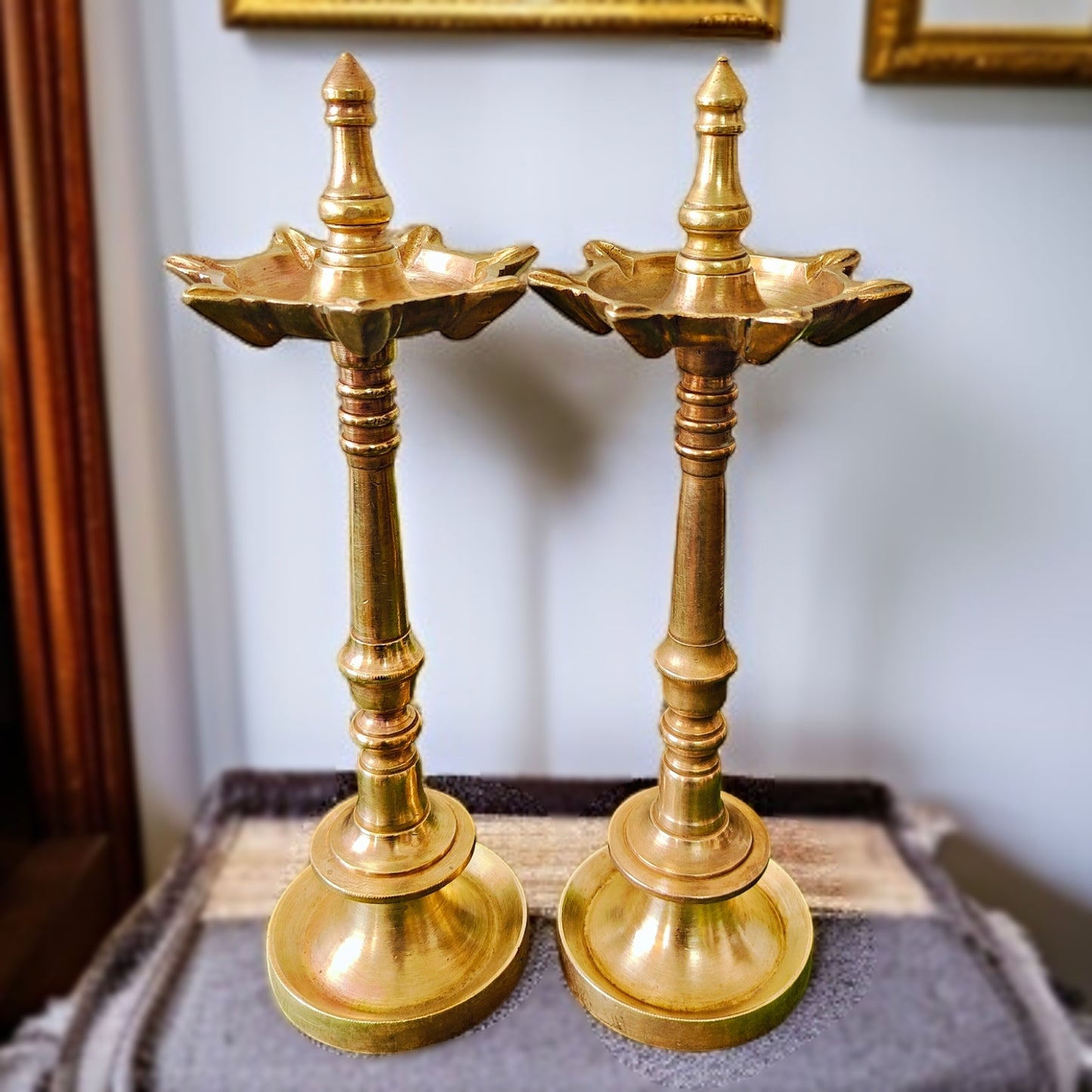 Antique Brass Rare Samay Pair - Oil Lamps - Bombay Antiques