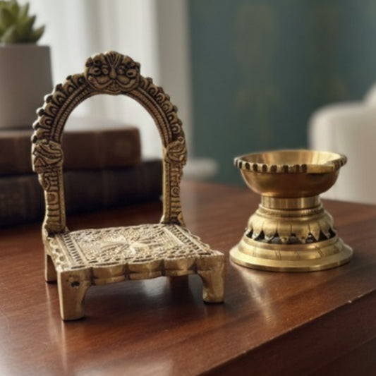 1977 Antique Brass Small Diya and Singasan | Compact Brass Decor Accents