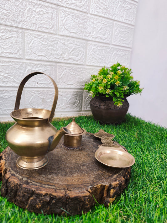 Antique Brass Small Kamandalam, Diya and Sindur Dabbi Small Set - Bombay Antiques