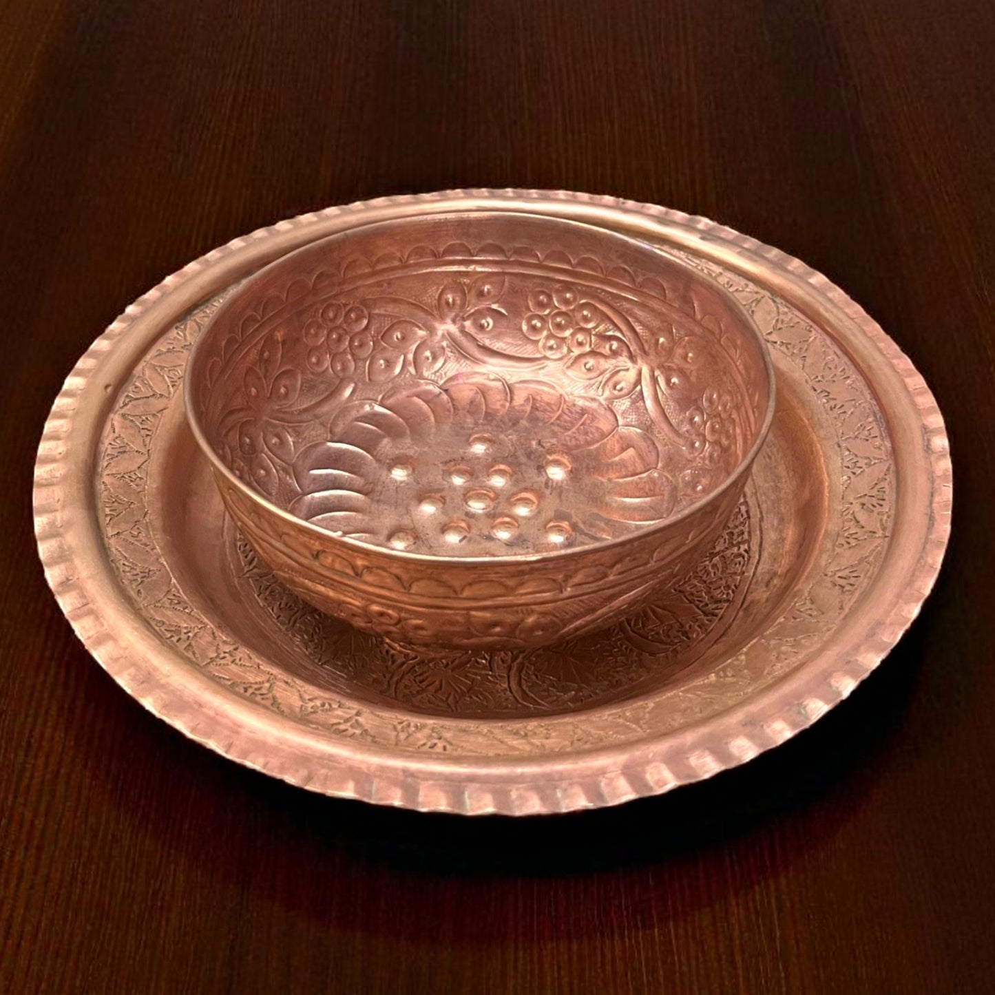 Antique Copper Engraved Bowl & Plate | Traditional Serving Rare Pair