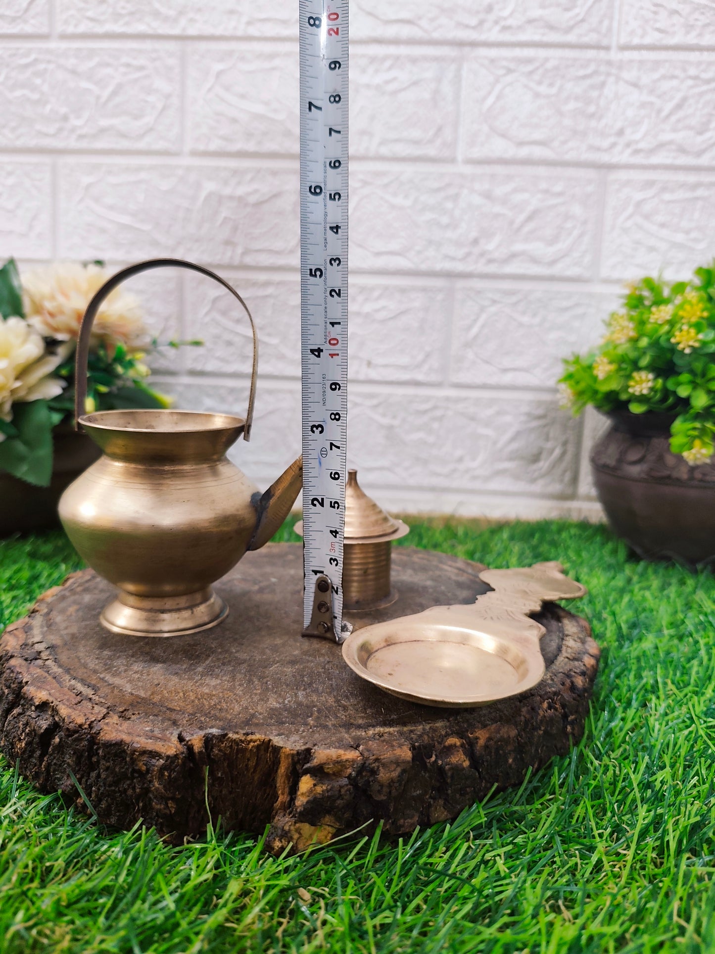 Antique Brass Small Kamandalam, Diya and Sindur Dabbi Small Set
